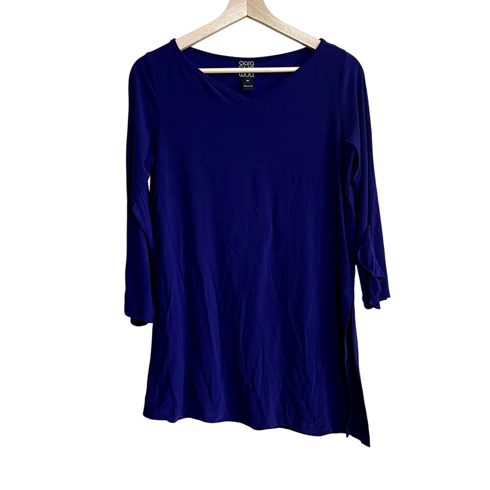 Ciara Sun Woo purple long ruffle sleeved asymetric top women's XL circle neck